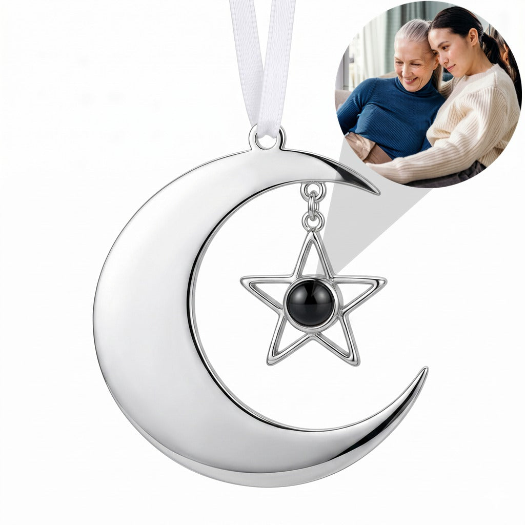 Personalized Moon And Star Photo Projection Ornament - Silver