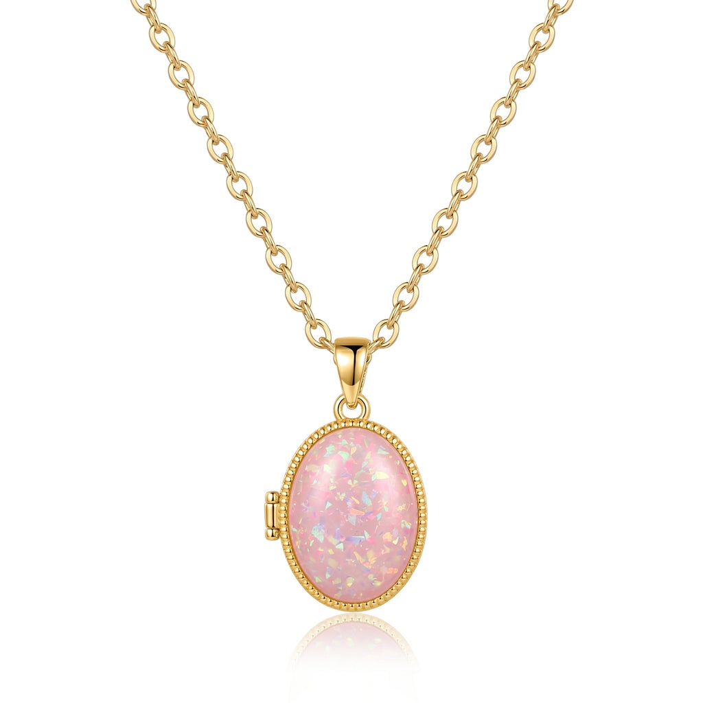 Personalized Opal Oval Photo Locket Necklace - Gold