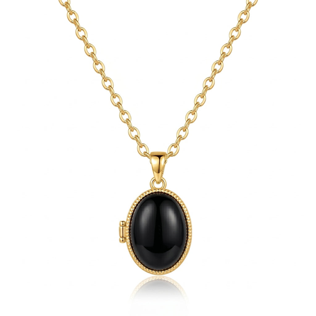 Personalized Opal Oval Photo Locket Necklace - Gold And Black