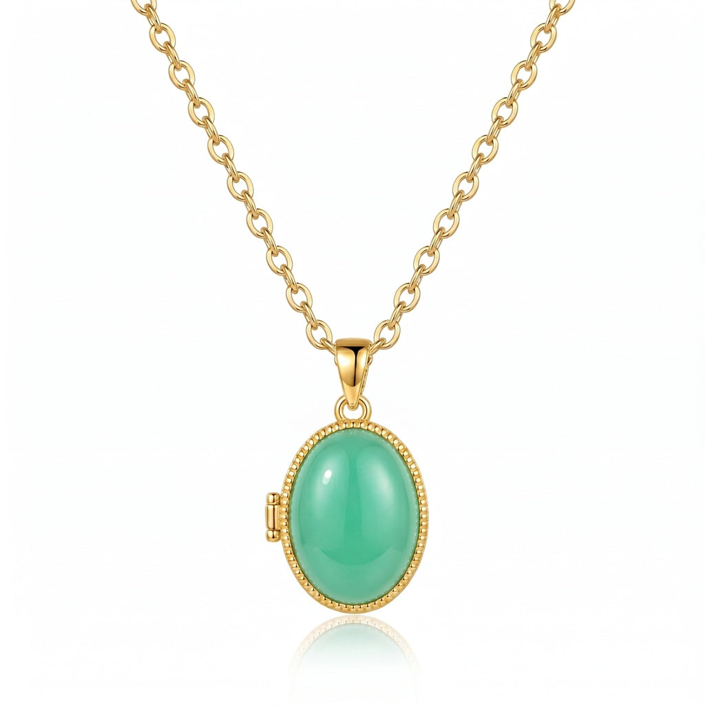 Personalized Opal Oval Photo Locket Necklace - Gold And Green