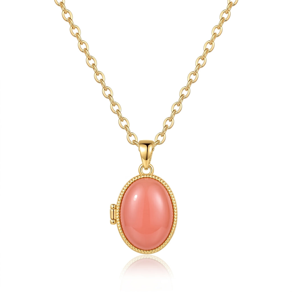 Personalized Opal Oval Photo Locket Necklace - Gold And Pink