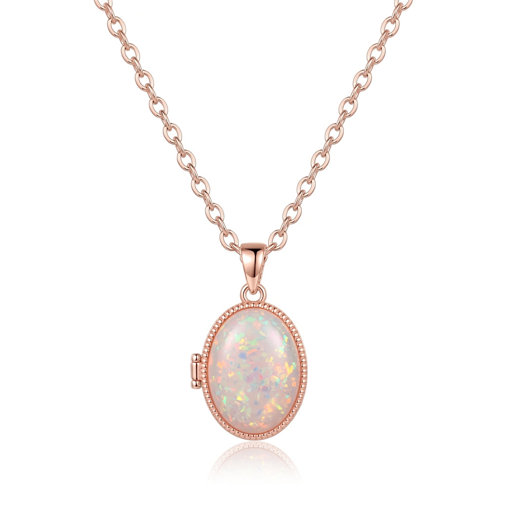 Personalized Opal Oval Photo Locket Necklace - Rose Gold