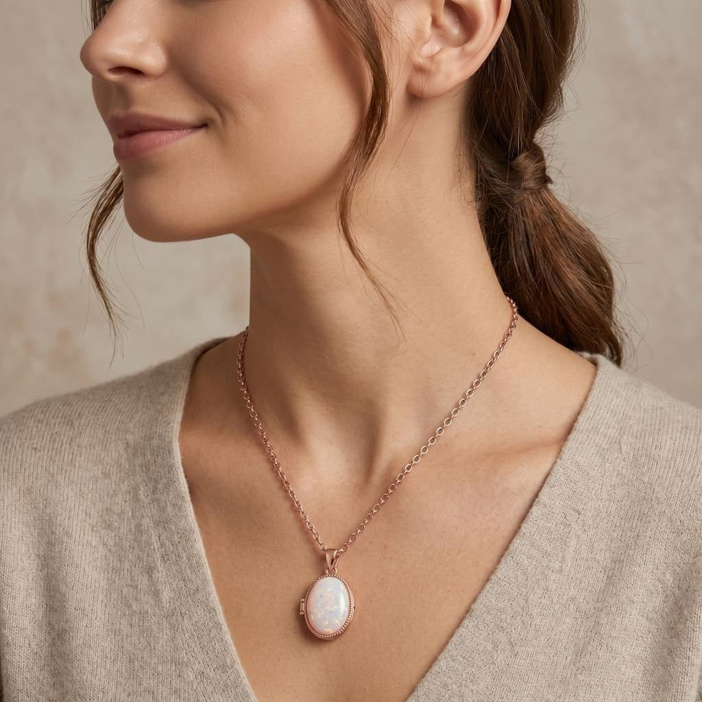 Personalized Opal Oval Photo Locket Necklace - Rose Gold1