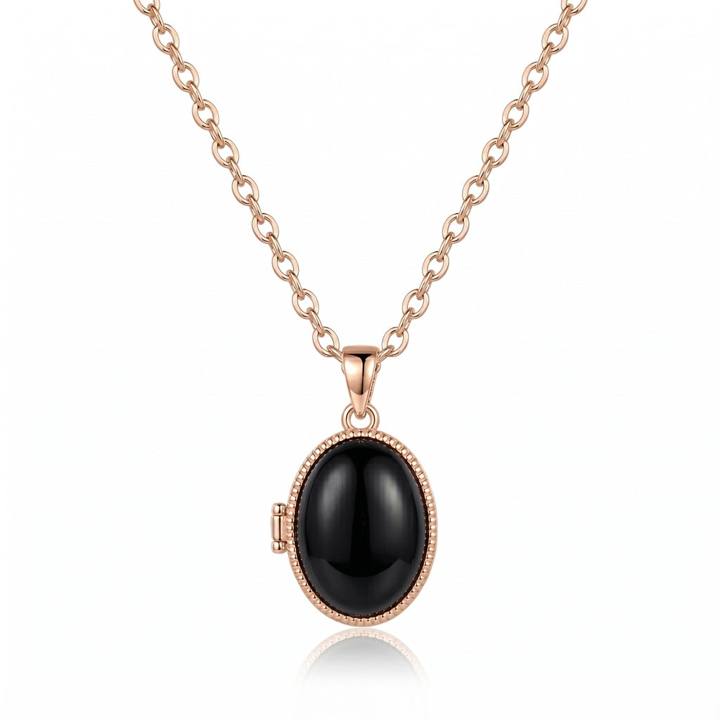 Personalized Opal Oval Photo Locket Necklace - Rose Gold And Black