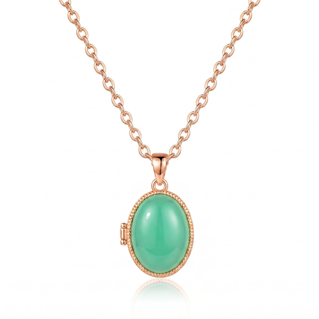 Personalized Opal Oval Photo Locket Necklace - Rose Gold And Green