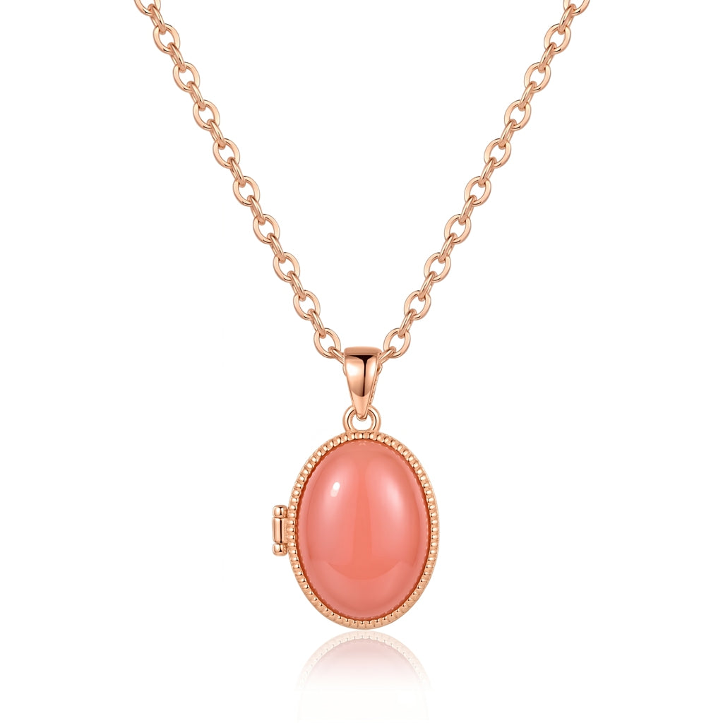 Personalized Opal Oval Photo Locket Necklace - Rose Gold And Pink