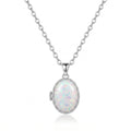 Personalized Opal Oval Photo Locket Necklace - Silver