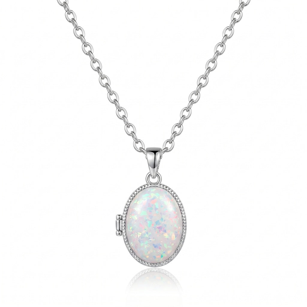Personalized Opal Oval Photo Locket Necklace - Silver