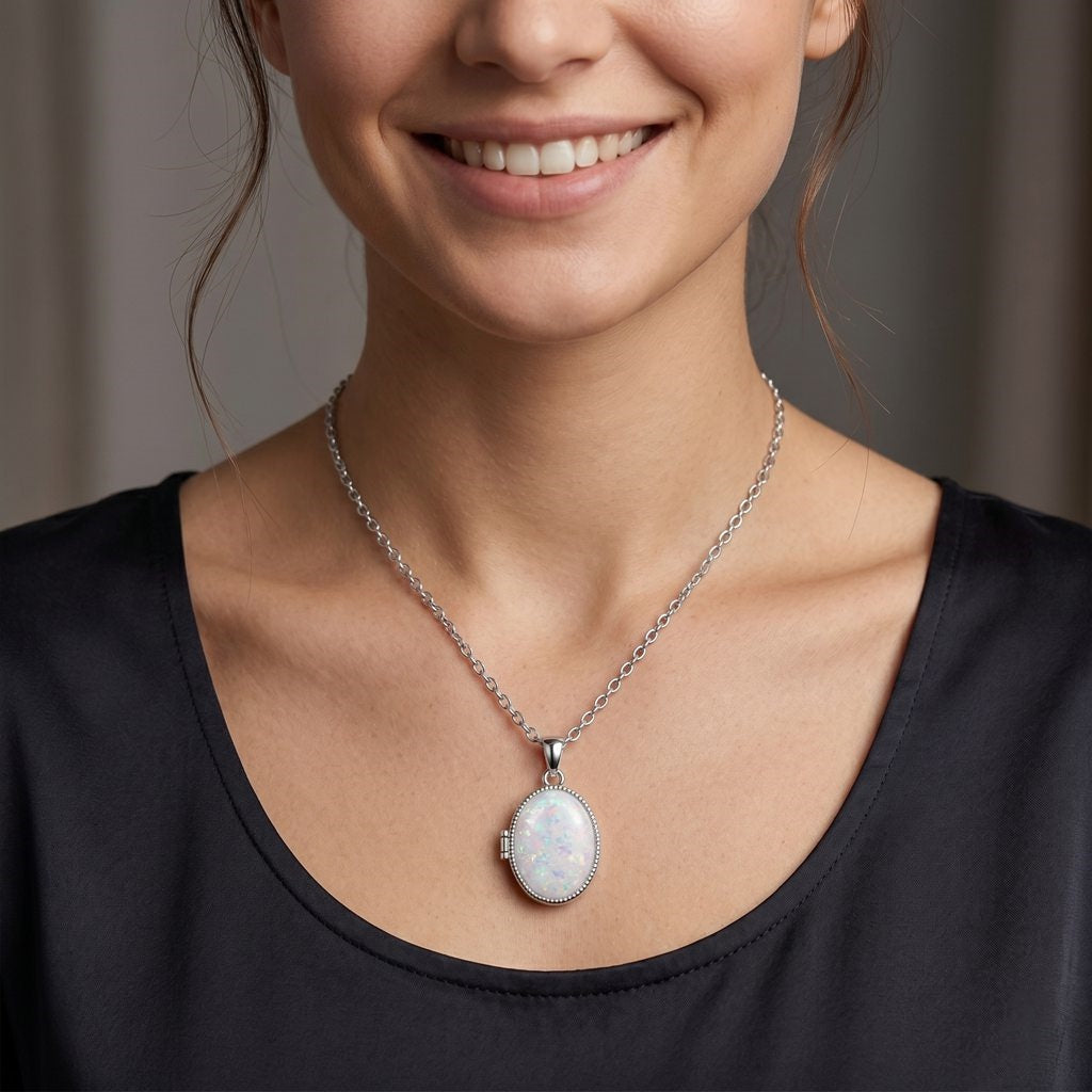 Personalized Opal Oval Photo Locket Necklace - Silver1