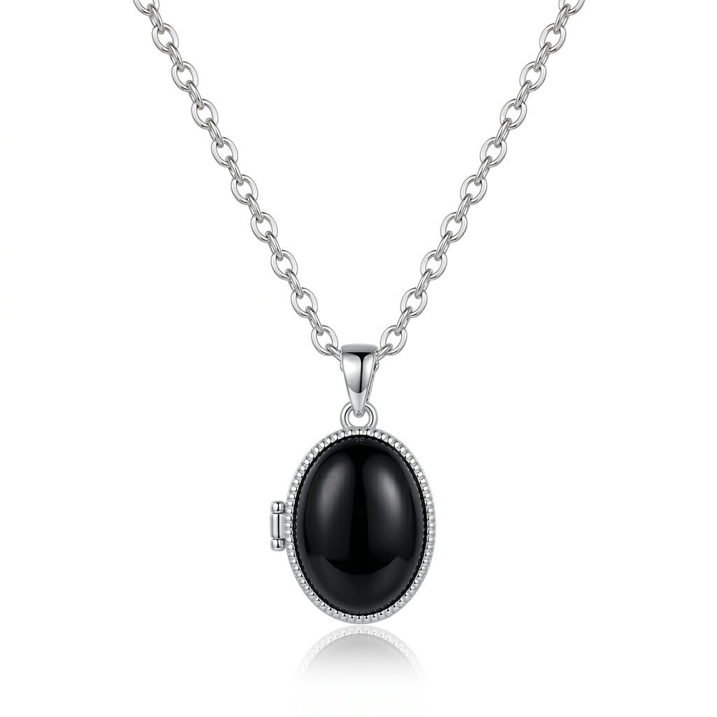 Personalized Opal Oval Photo Locket Necklace - Silver And Black