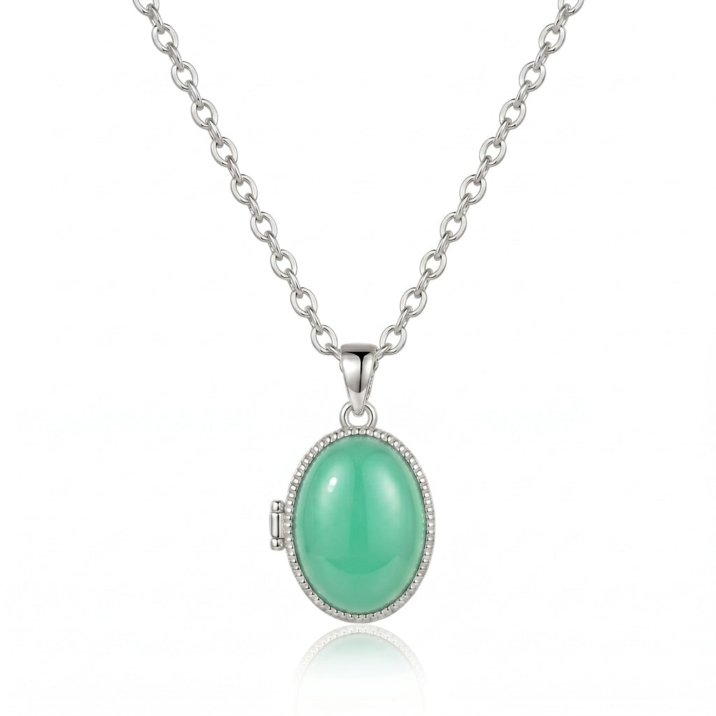 Personalized Opal Oval Photo Locket Necklace - Silver And Green