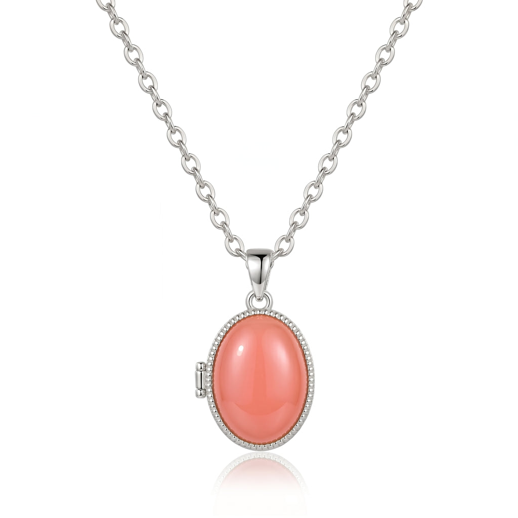 Personalized Opal Oval Photo Locket Necklace - Silver And Pink
