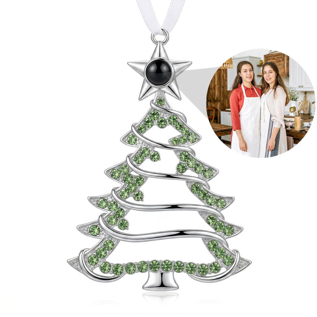 Personalized Openwork Christmas Tree Photo Projection Ornament - Silver & Green
