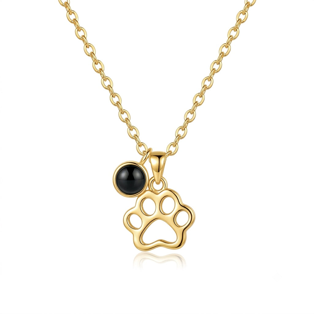 Personalized Openwork Paw Print Photo Projection Necklace - Gold