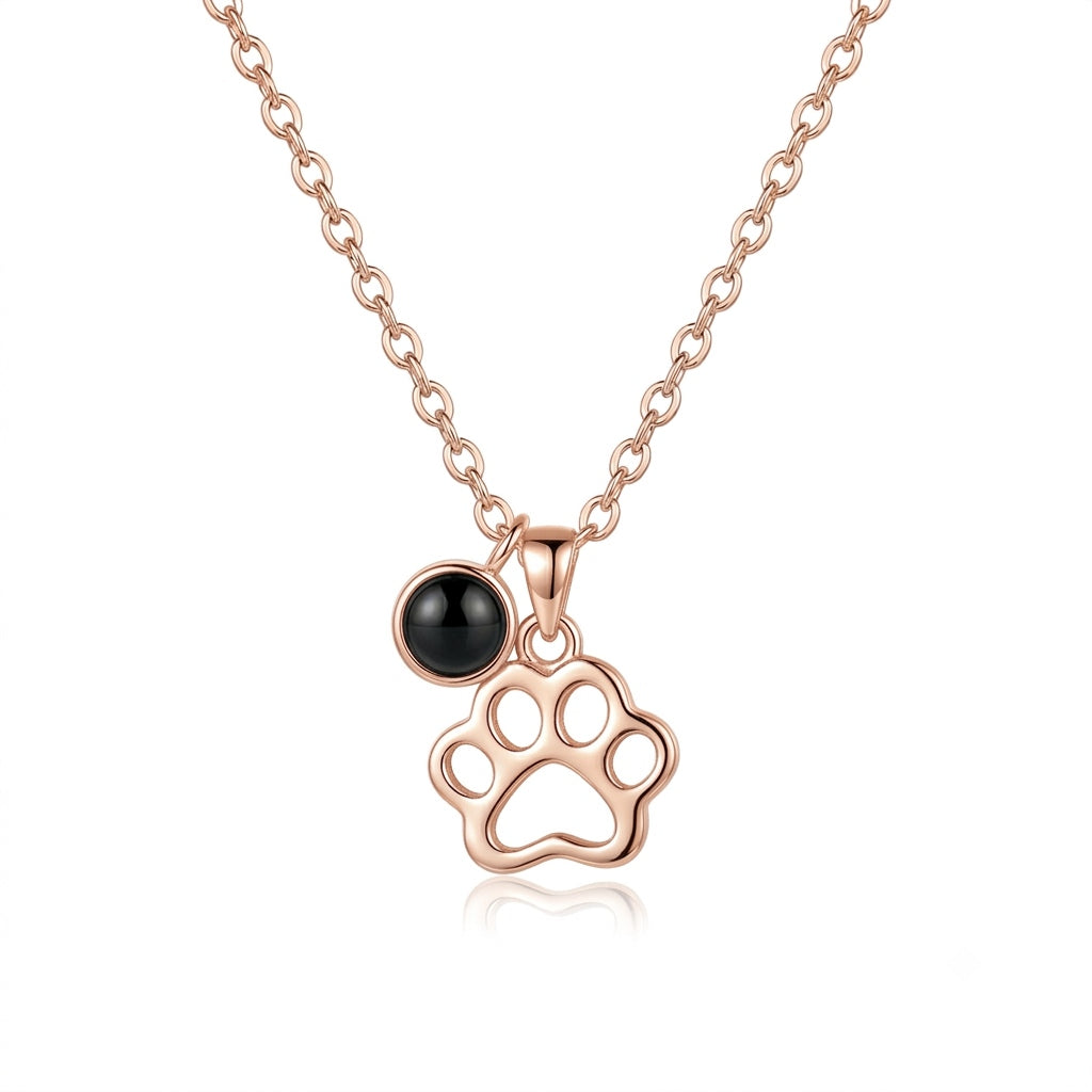 Personalized Openwork Paw Print Photo Projection Necklace - Rose Gold