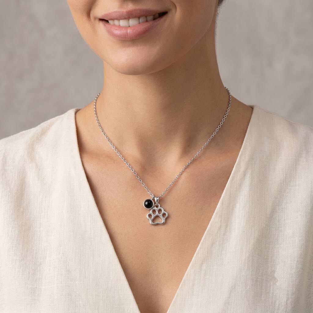 Personalized Openwork Paw Print Photo Projection Necklace - Silver