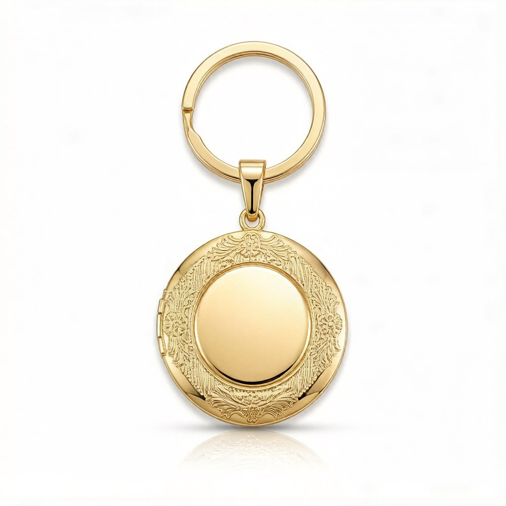 Personalized Ornate Engraved Round Photo Locket Keychain - Gold