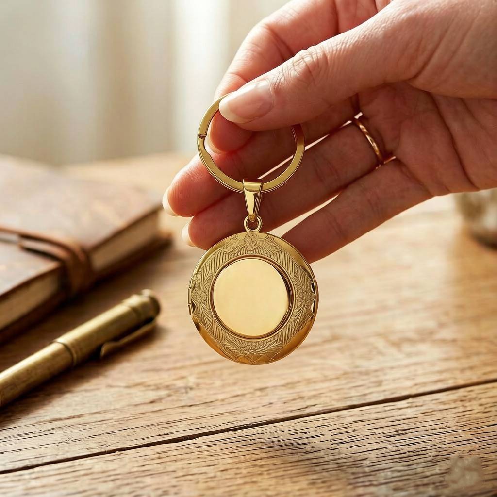 Personalized Ornate Engraved Round Photo Locket Keychain - Gold2