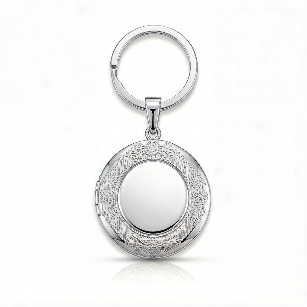 Personalized Ornate Engraved Round Photo Locket Keychain - Silver