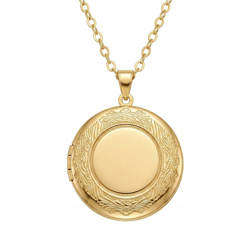 Personalized Ornate Engraved Round Photo Locket Necklace - Gold