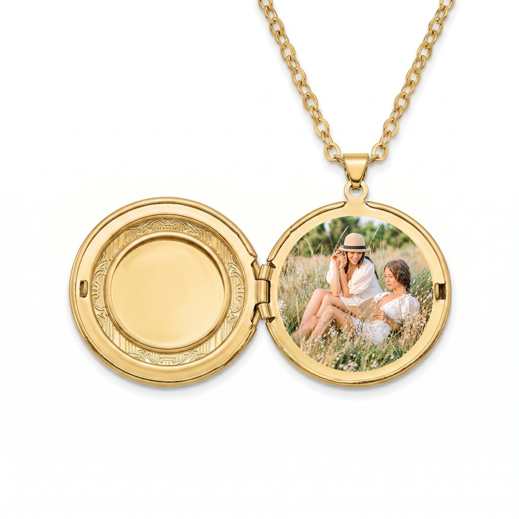 Personalized Ornate Engraved Round Photo Locket Necklace - Gold1