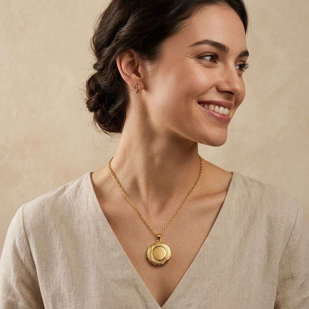 Personalized Ornate Engraved Round Photo Locket Necklace - Gold2