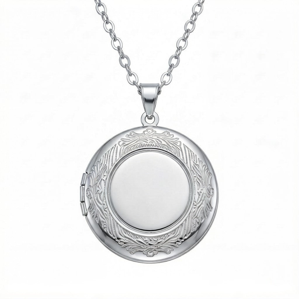 Personalized Ornate Engraved Round Photo Locket Necklace - Silver