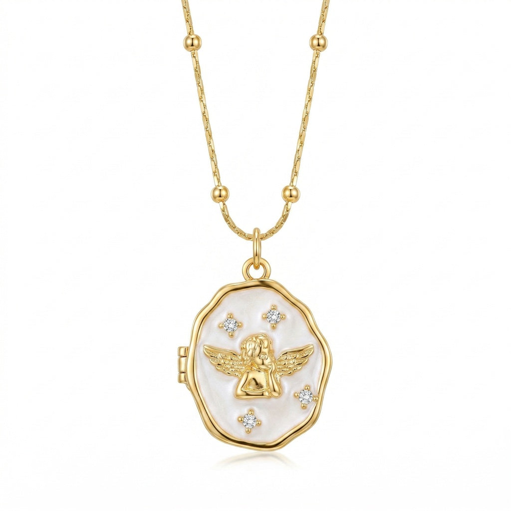 Personalized Oval Angel Photo Locket Necklace - Gold