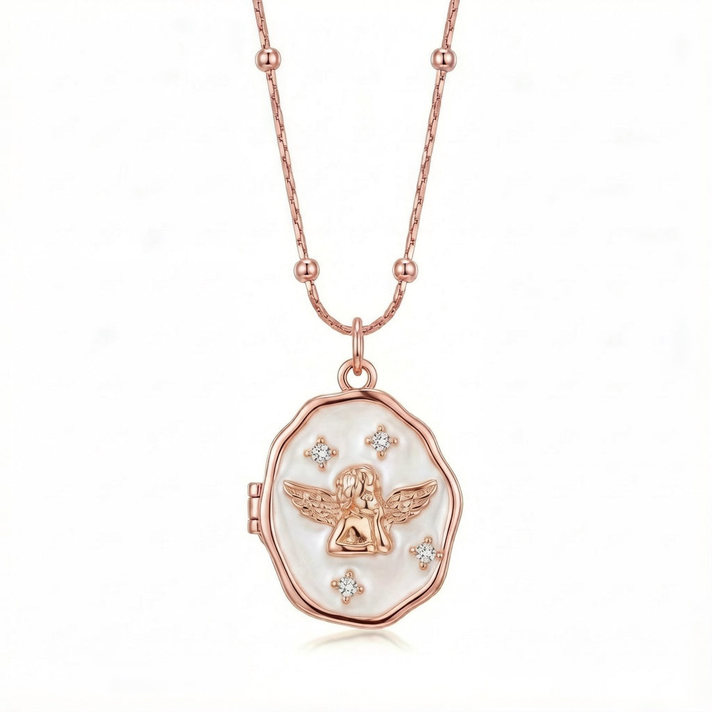 Personalized Oval Angel Photo Locket Necklace - Rose Gold