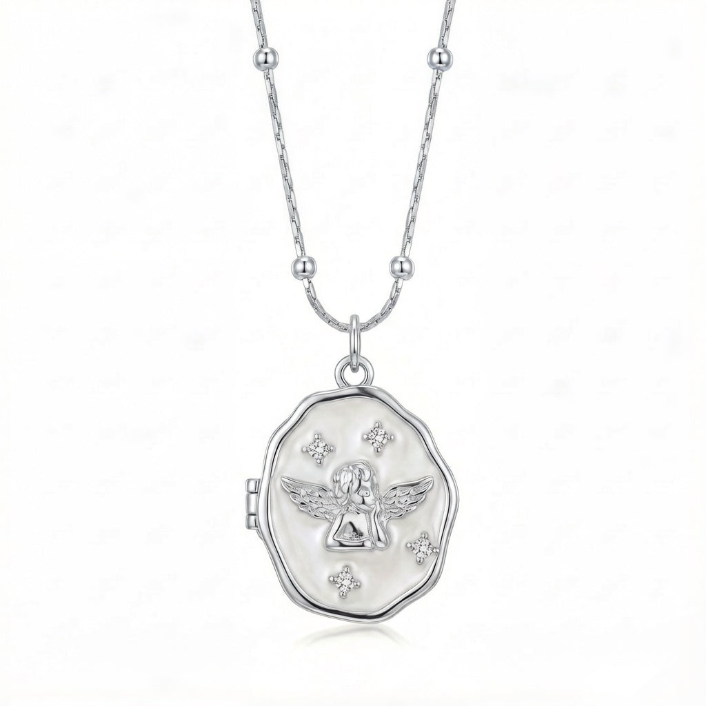 Personalized Oval Angel Photo Locket Necklace - Silver