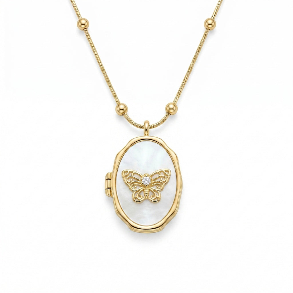 Personalized Oval Butterfly Photo Locket Necklace - Gold
