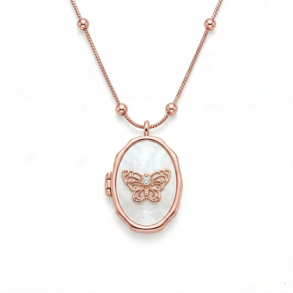 Personalized Oval Butterfly Photo Locket Necklace - Rose Gold