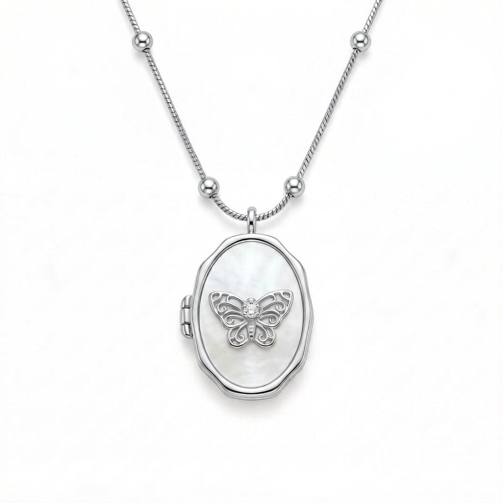 Personalized Oval Butterfly Photo Locket Necklace - Silver