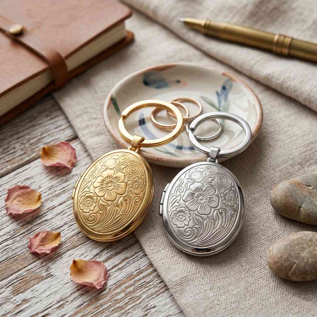 Personalized Oval Floral-Engraved Photo Locket Keychain 