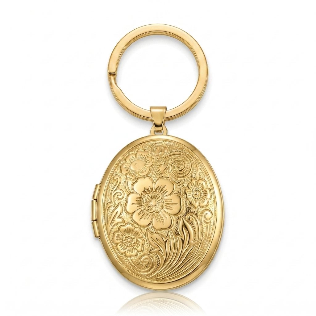 Personalized Oval Floral-Engraved Photo Locket Keychain -Gold