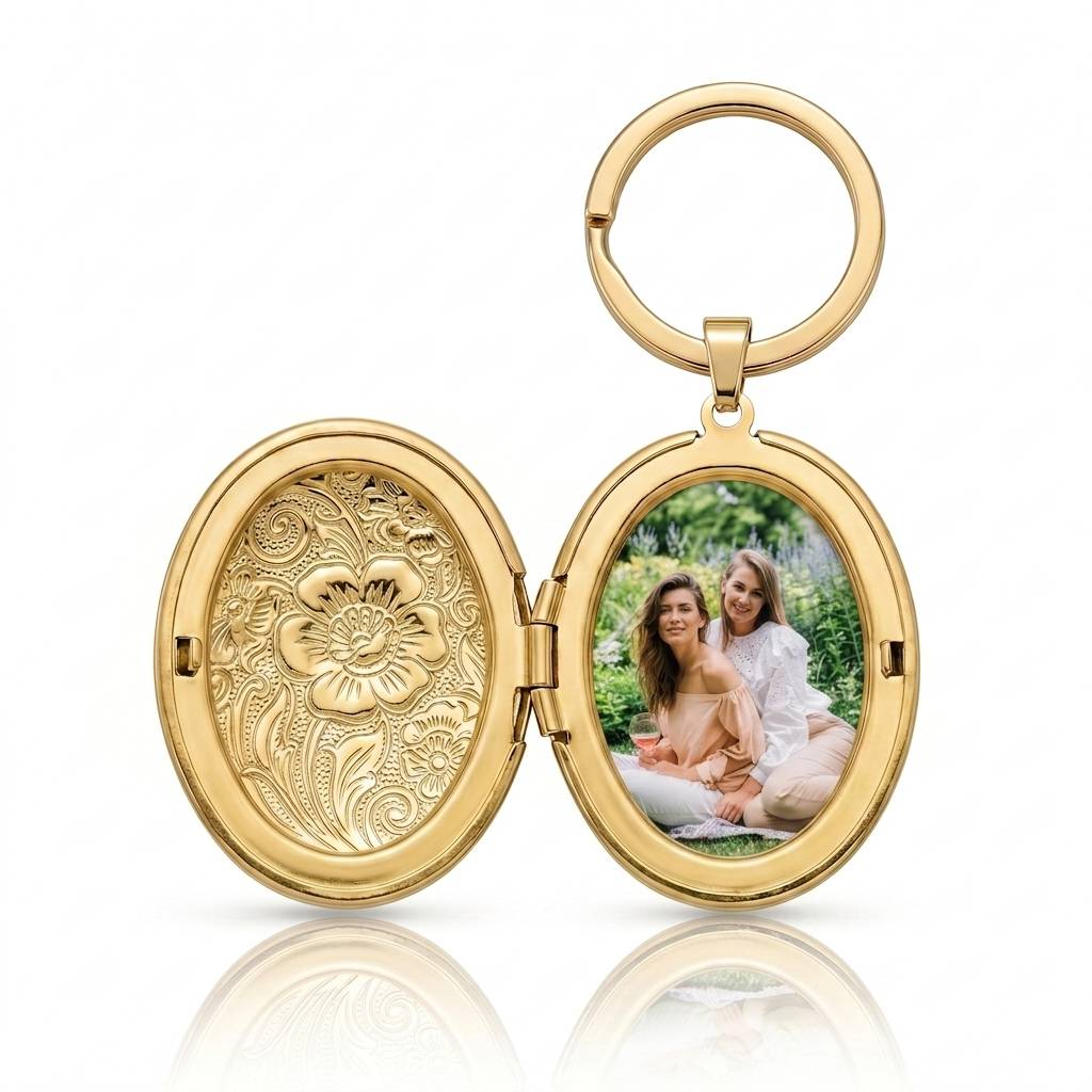 Personalized Oval Floral-Engraved Photo Locket Keychain -Gold1