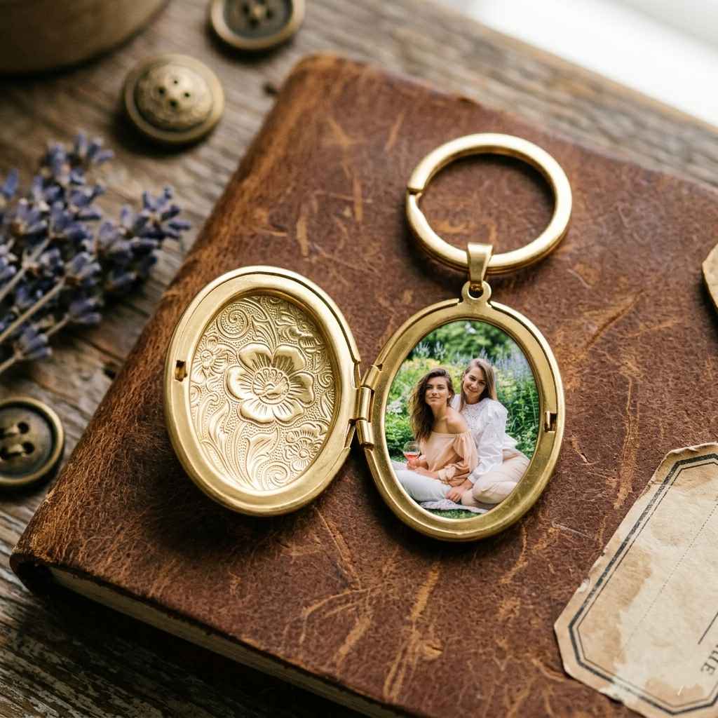 Personalized Oval Floral-Engraved Photo Locket Keychain -Gold2