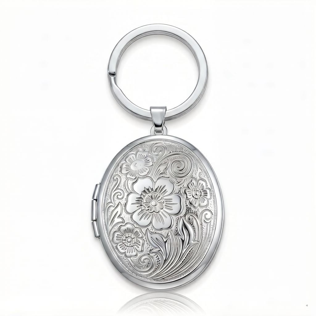 Personalized Oval Floral-Engraved Photo Locket Keychain -Silver