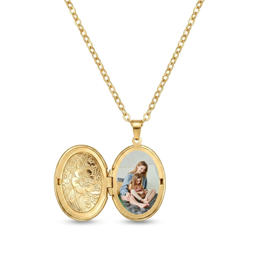 Personalized Oval Floral-Engraved Photo Locket Necklace - Gold1