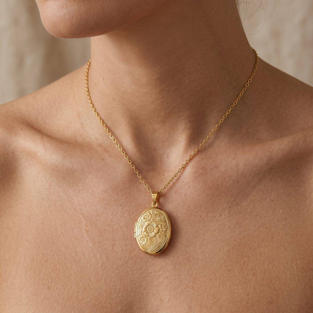 Personalized Oval Floral-Engraved Photo Locket Necklace - Gold3
