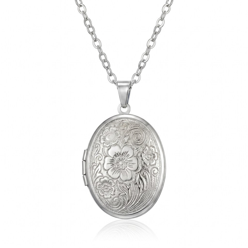 Personalized Oval Floral-Engraved Photo Locket Necklace - Silver