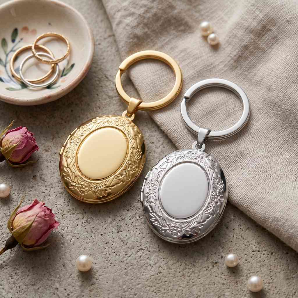 Personalized Oval Floral Photo Locket Keychain