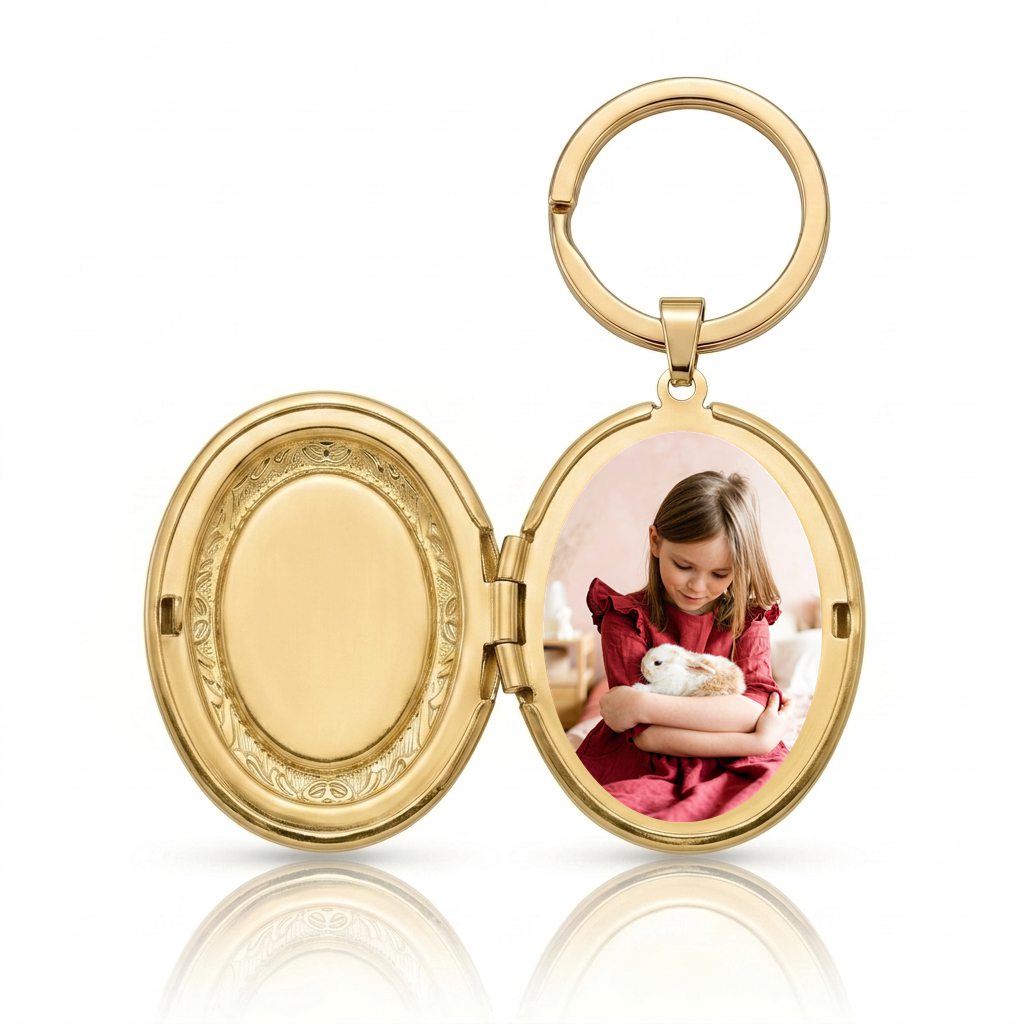 Personalized Oval Floral Photo Locket Keychain