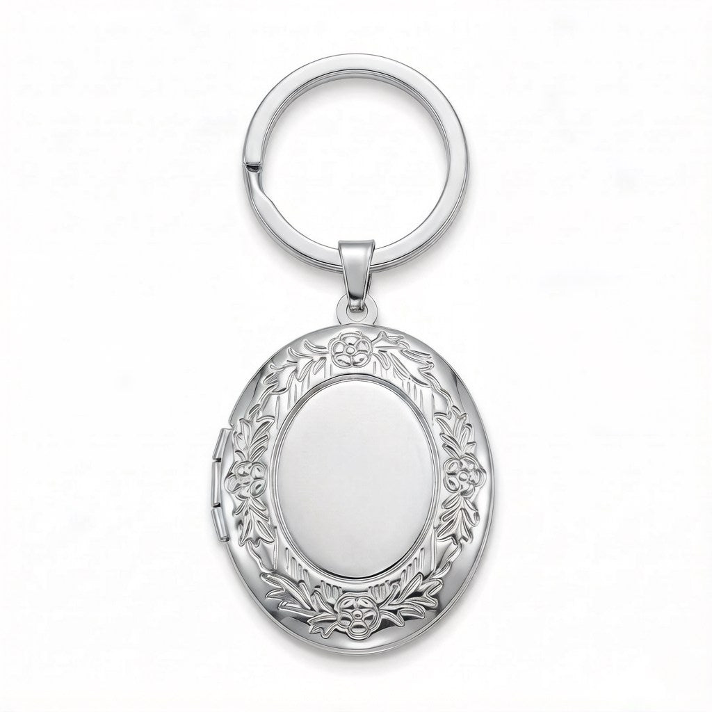 Personalized Oval Floral Photo Locket Keychain