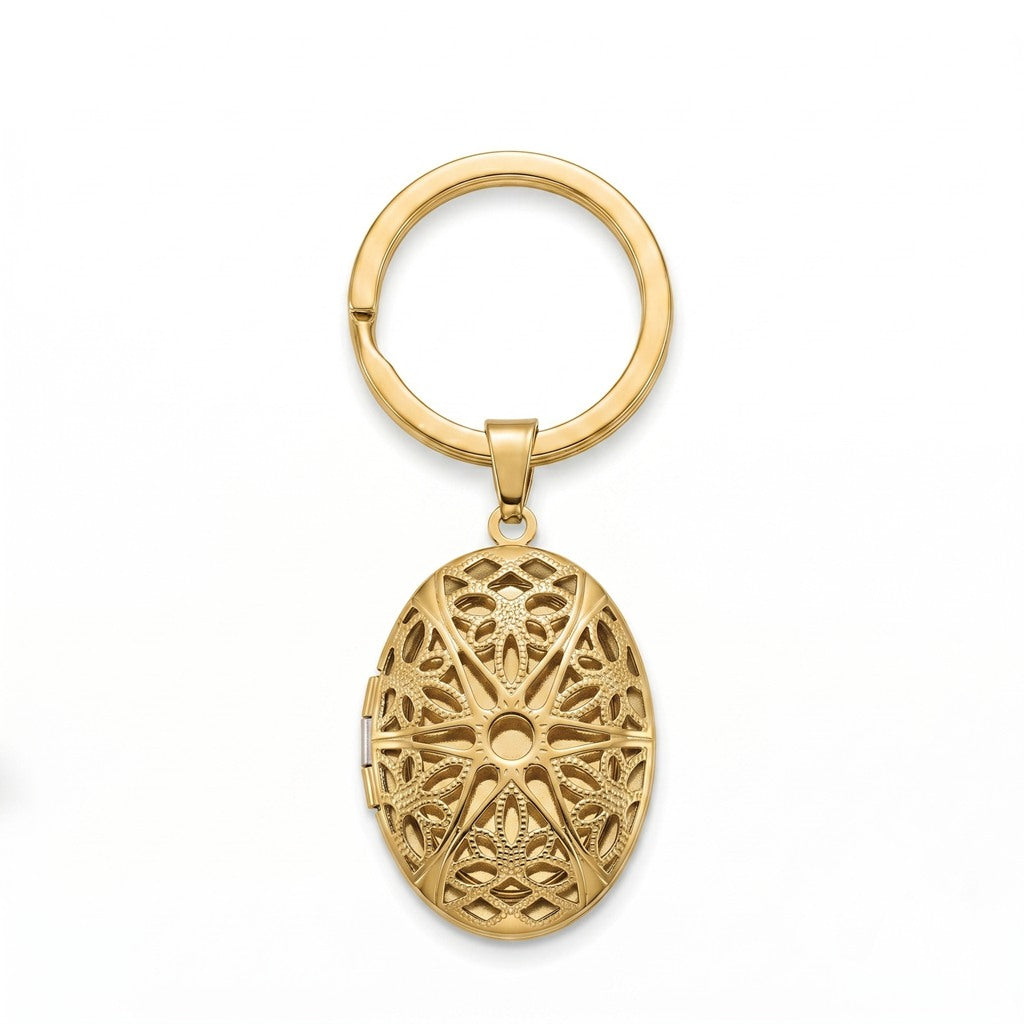 Personalized Oval Lattice Photo Locket Keychain - Gold