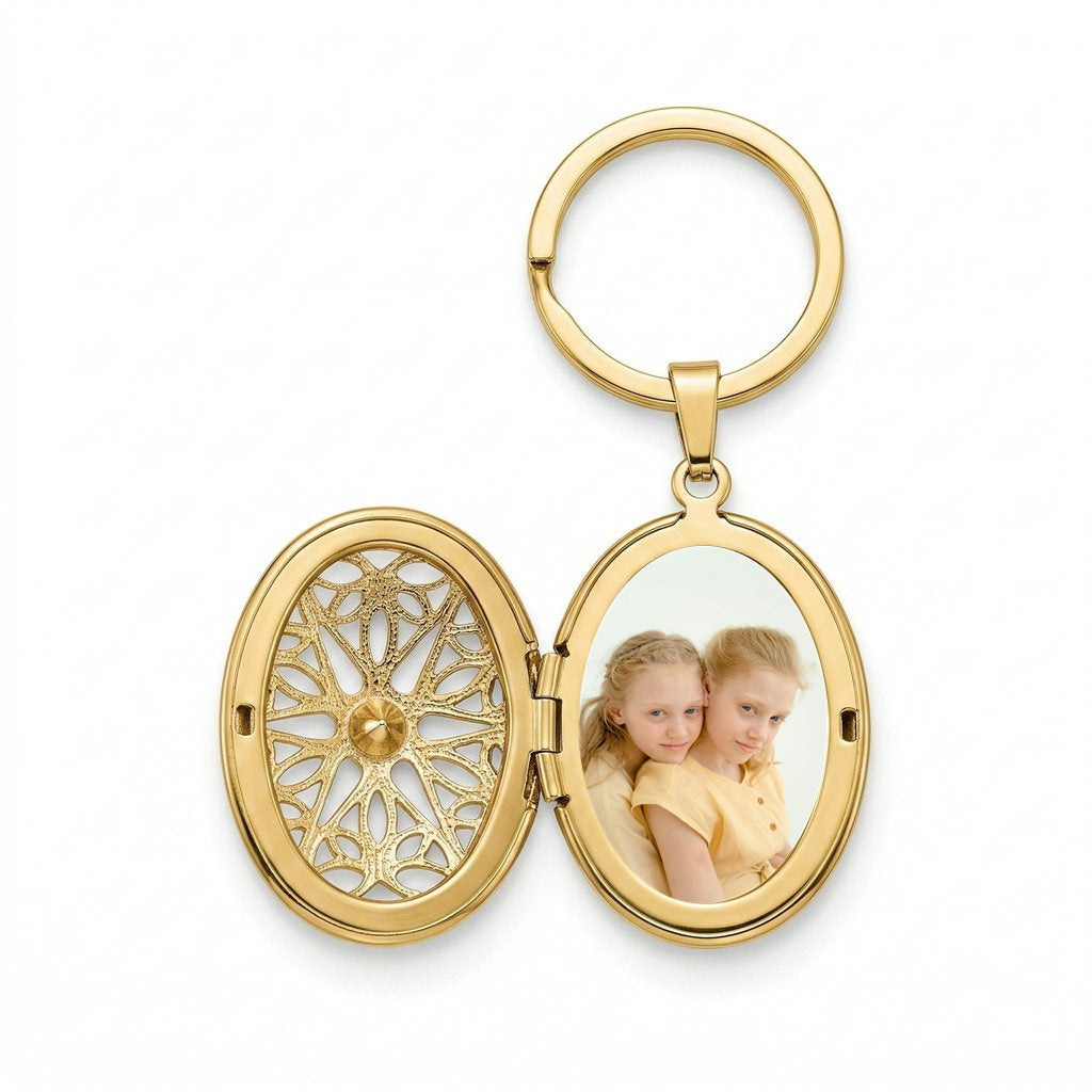 Personalized Oval Lattice Photo Locket Keychain - Gold1