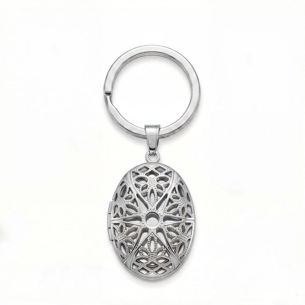 Personalized Oval Lattice Photo Locket Keychain - Silver