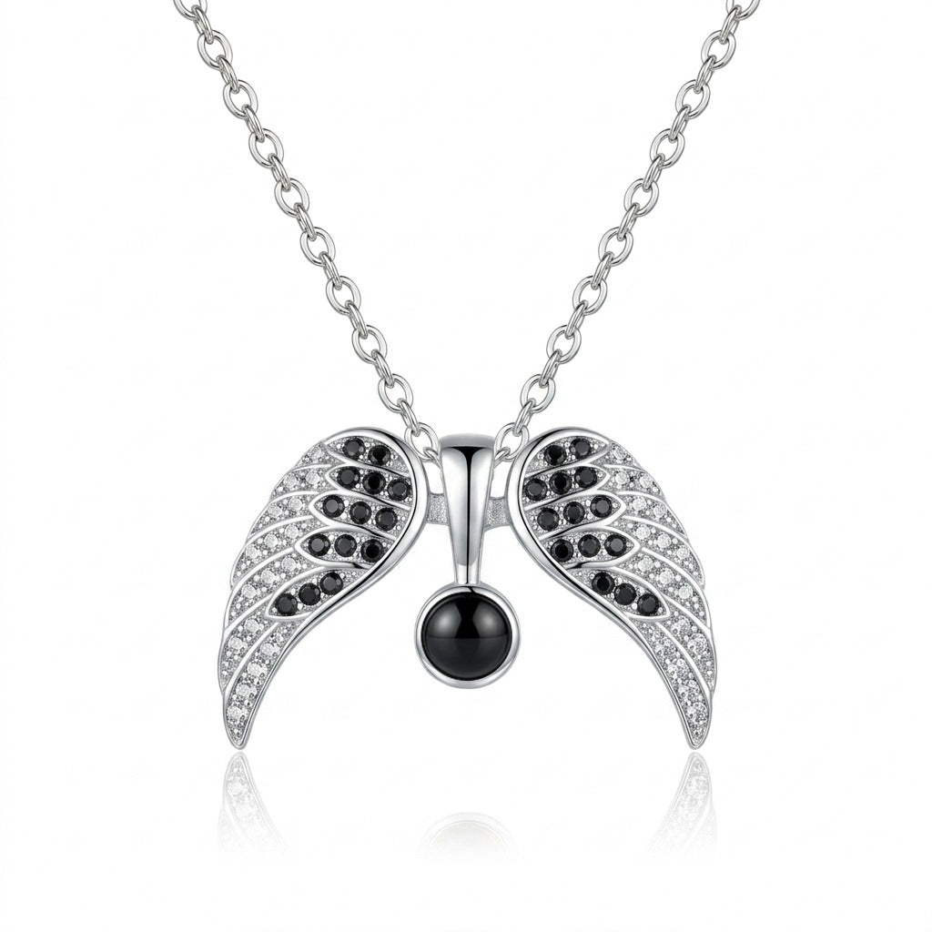 Personalized Pavé Angel Wings Photo Projection Necklace - Black