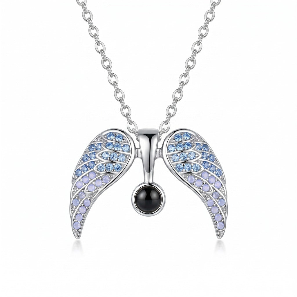 Personalized Pavé Angel Wings Photo Projection Necklace - Blue