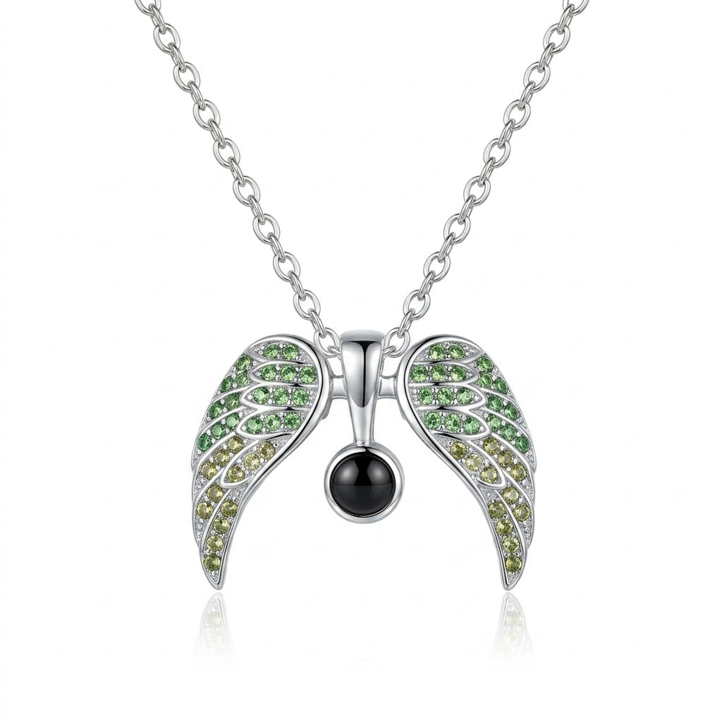 Personalized Pavé Angel Wings Photo Projection Necklace - Green